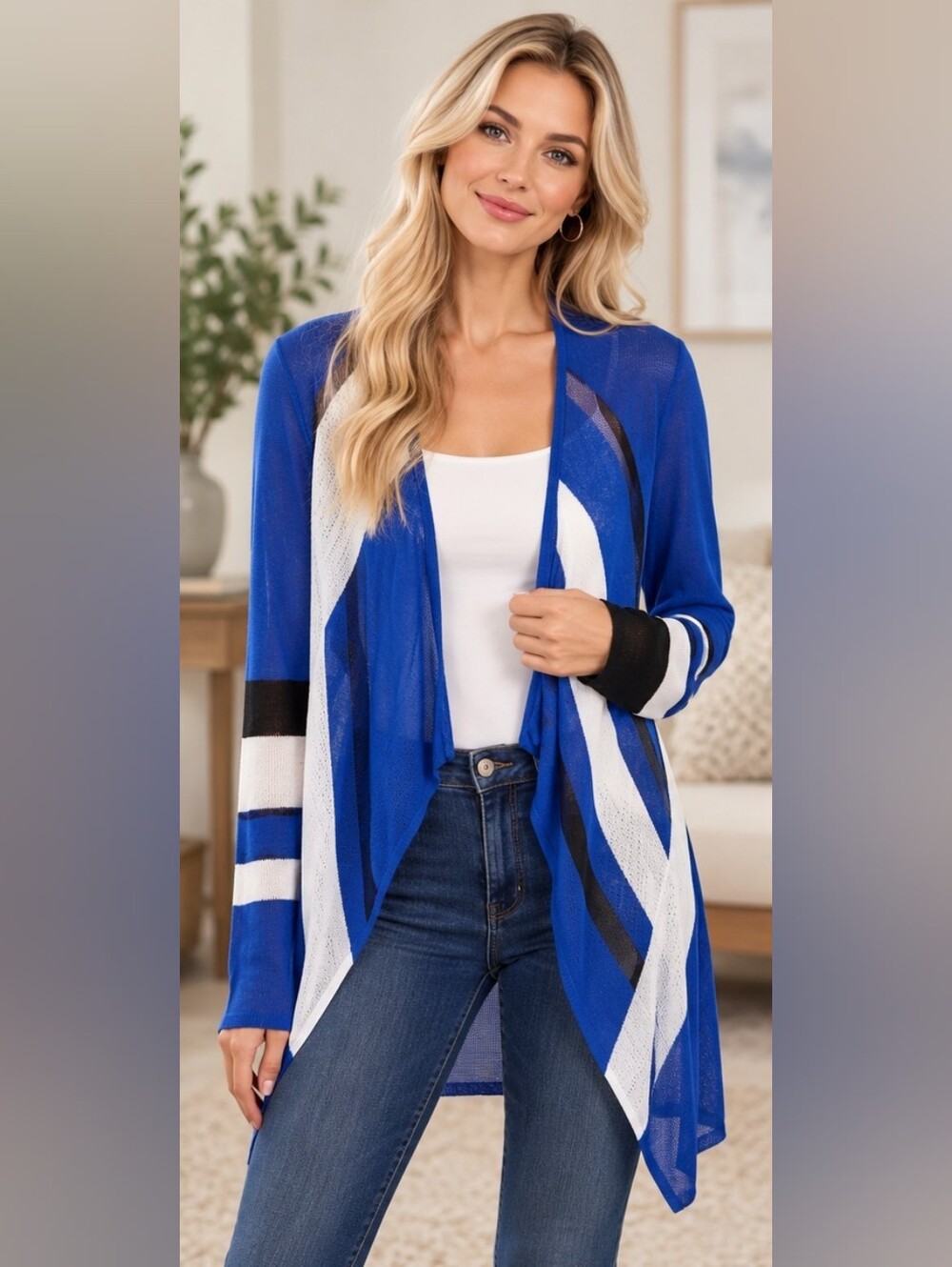 INC | International Concepts Blue Geometric Sheer Long Cardigan Duster
